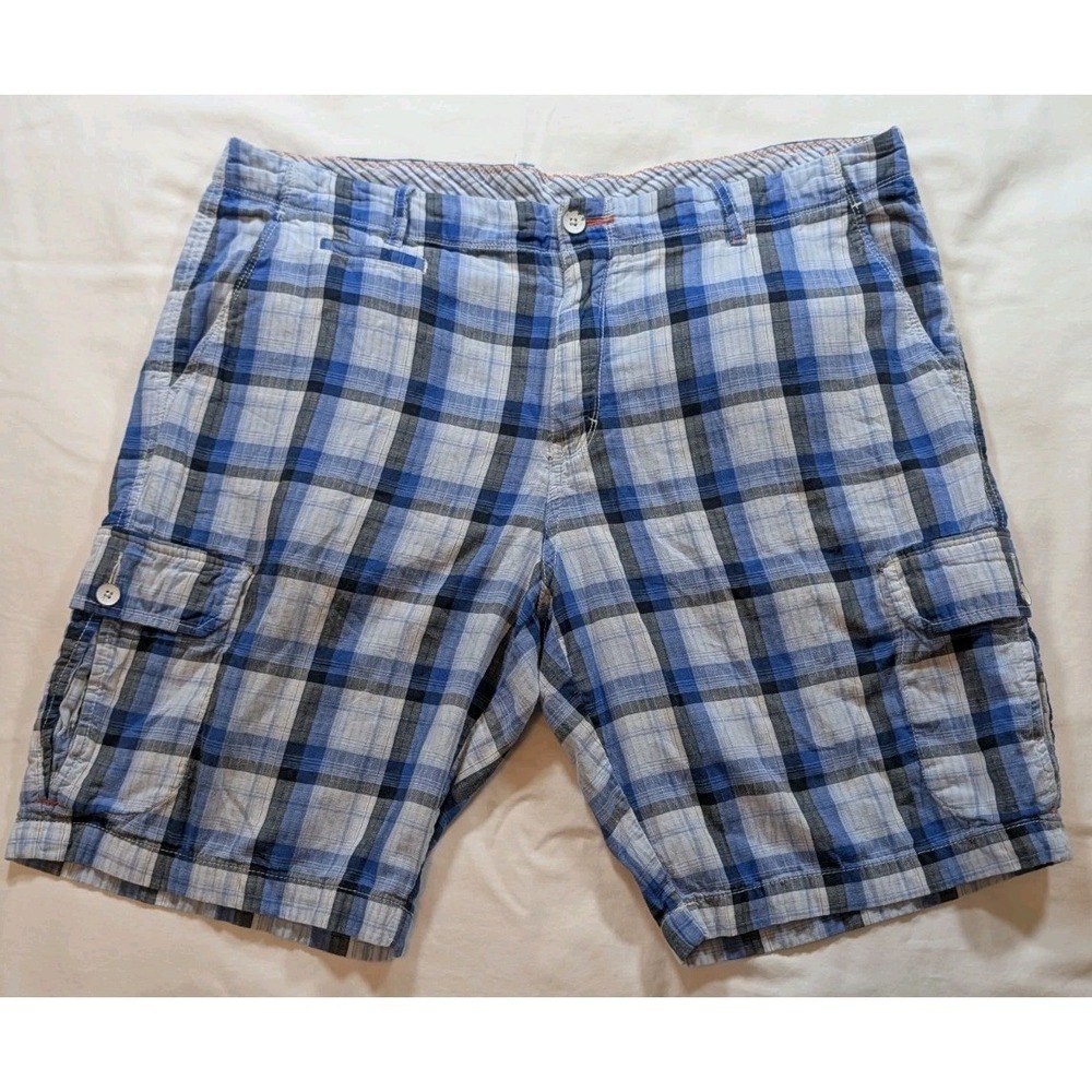 Tommy Bahama Relax Cargo Shorts Men's 38 Blue Plaid 100% Cotton Casual Island 9"
